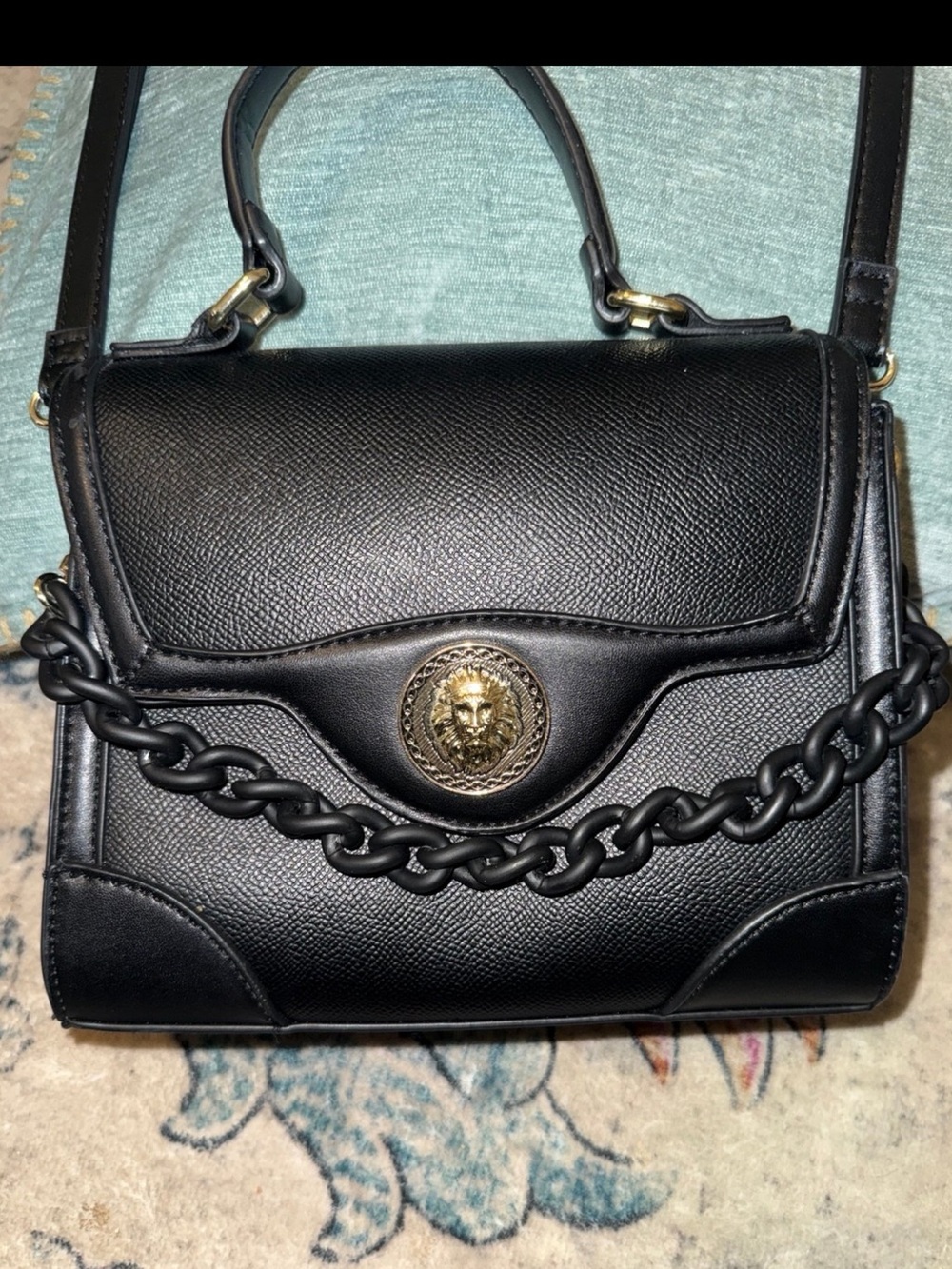 Aldo Black Satchel with Gold Lion Medallion